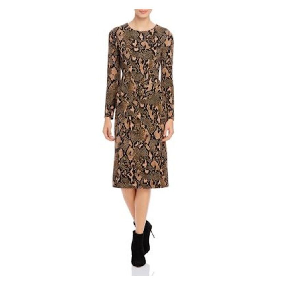 DONNA KARAN Womens Brown Printed Long Sleeve Tea-Length Shift Dress Size: 2 - Picture 1 of 1